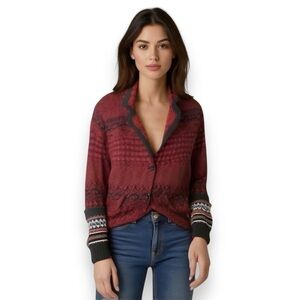 Shari B. Green Collared Cardigan Sweater L Red Black Pockets Vneck Heavy L